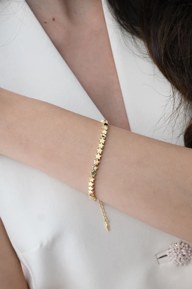 Gümüş altın yaldızlı modern görünümlü kayan yıldızlar bileklik SGTL12856GOLD - Resim 2