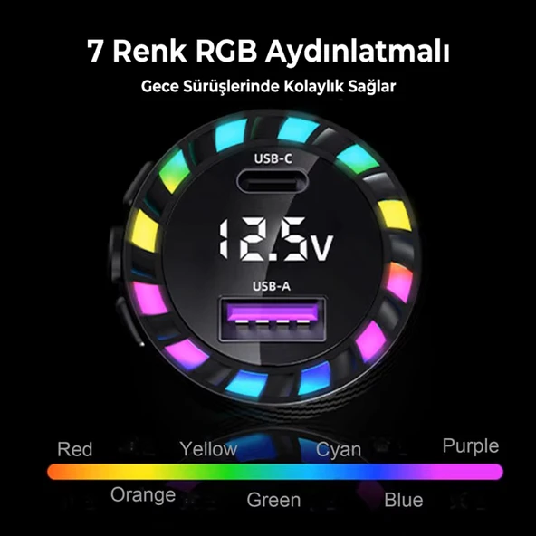 RGB Led Karbon Desenli Yaylı Kablolu 15W Araç Çakmaklık Şarj Cihazı - iPhone & Type-C Çıkışlı FR-422 - 4