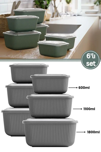 6 lı Erzak Gıda Saklama Kabı, Buzdolabı Düzenleyici Organizer 6 lı Set 2x(600ml,1100ml,1800ml) Gri