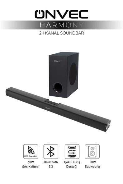 Onvec Harmony 2.1 Kanal Soundbar Bluetooth 5.3 HDMI ARC USB Optik Girişli Kablolu Subwoofer Ev Sinema Hoparlör Sistemi