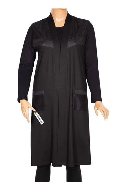 Hesna Kadın Yaren Omzu Cebi Fileli Deri Detaylı Penye Siyah Yelek