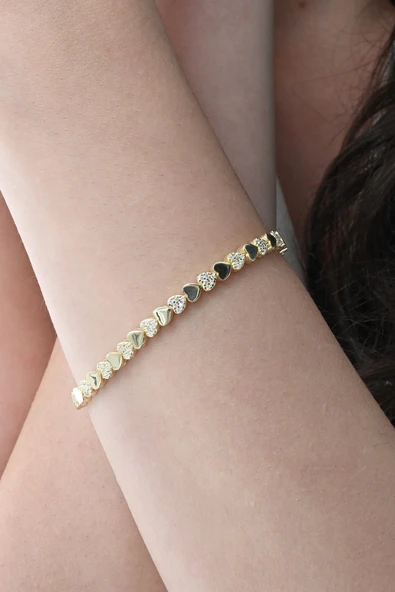 Gümüş altın yaldızlı zirkon taşlı modern görünümlü sevgi zinciri kalp bileklik SGTL12854GOLD - Resim 3