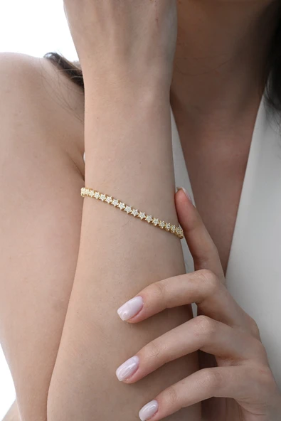 Gümüş altın yaldızlı zirkon taşlı modern görünümlü kayan yıldızlar bileklik SGTL12851GOLD - Resim 2