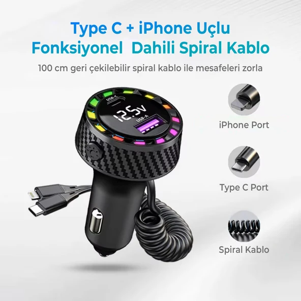 RGB Led Karbon Desenli Yaylı Kablolu 15W Araç Çakmaklık Şarj Cihazı - iPhone & Type-C Çıkışlı FR-422 - 2