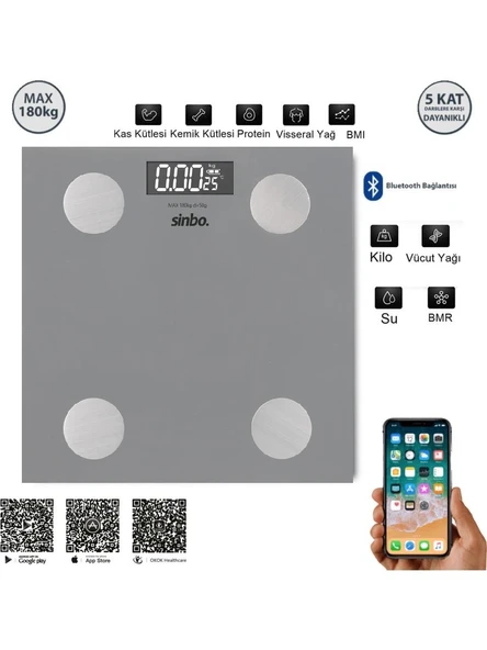 Sinbo SBS-4469 Bluetooth Dijital Yağ Su Kas Vücut Kitle Endeksi Kilo Ölçer Tartı Baskül - 3