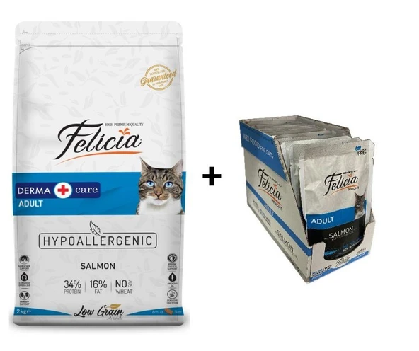 Felicia Somonlu Yetişkin Kedi Maması 2 kg + 12 Adet Felicia Kuzulu Yaş Mama 85 Gr