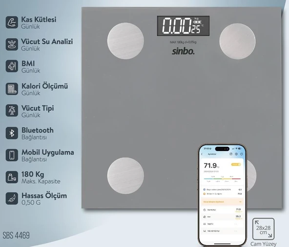Sinbo SBS-4469 Bluetooth Dijital Yağ Su Kas Vücut Kitle Endeksi Kilo Ölçer Tartı Baskül - 2