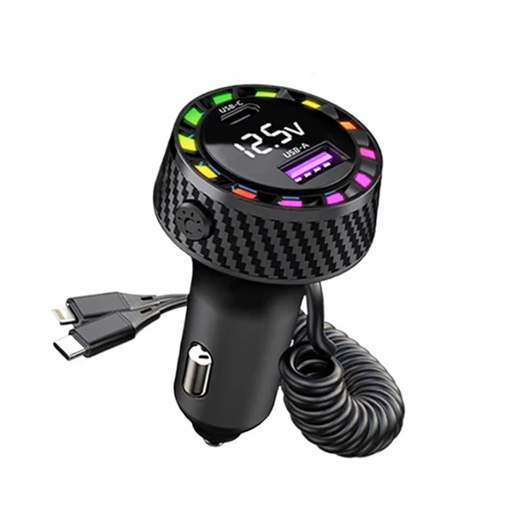 RGB Led Karbon Desenli Yaylı Kablolu 15W Araç Çakmaklık Şarj Cihazı - iPhone & Type-C Çıkışlı FR-422