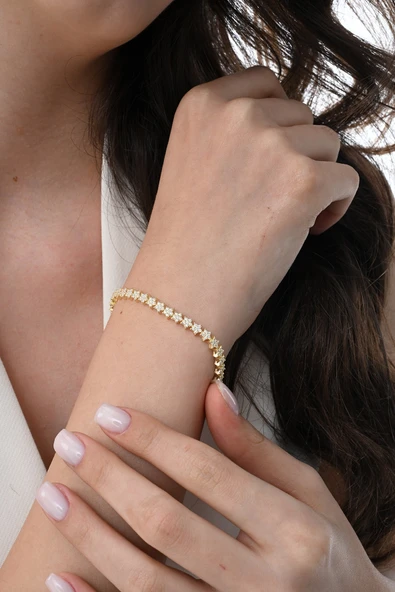 Gümüş altın yaldızlı zirkon taşlı modern görünümlü kayan yıldızlar bileklik SGTL12851GOLD ürün görseli