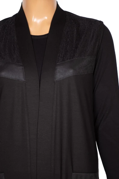 Hesna Kadın Yaren Omzu Cebi Fileli Deri Detaylı Penye Siyah Yelek - 2