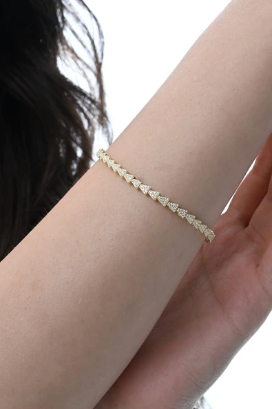 Gümüş altın yaldızlı zirkon taşlı modern görünümlü ardışık üçgenler bileklik SGTL12853GOLD - Resim 4