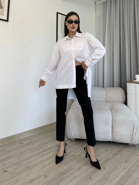 Düğme Detaylı Poplin Gömlek 6014-Beyaz