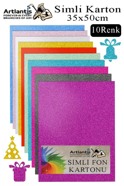 Simli Karton 35x50 cm 10 Renk 1 Paket 10 lu Simli Karton Parıltılı Kağıt Anasınıfı Kreş Etkinlik Proje Dekoratif