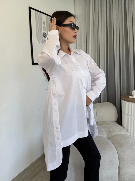 Düğme Detaylı Poplin Gömlek 6014-Beyaz - 3