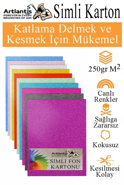Simli Karton A4 20x30 cm 10 Renk 1 Paket 10 lu Simli Karton Parıltılı Kağıt Anasınıfı Kreş Etkinlik Proje Dekoratif - 3