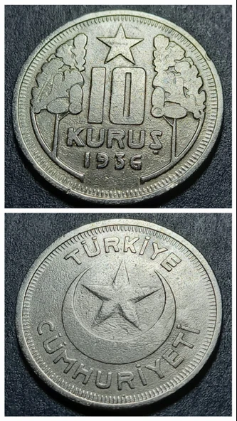 Escoines Koleksiyon 39963680e0f350e16d 1936 10Kuruş Nadir çıkar ÇÇT+ eski madeni para RR ürün görseli 1