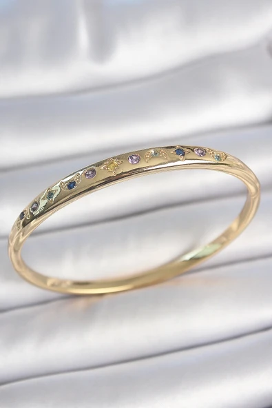 MuI MuI Pirinç Gold Renk Renkli Zirkon Taşlı Hilal Yıldız İşlemeli Kadın Kelepçe