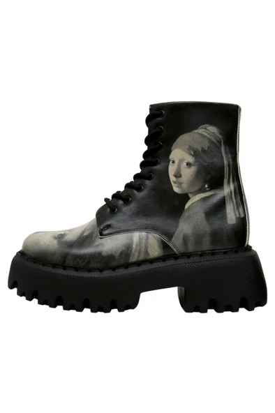 Kadın Vegan Deri Siyah Uzun Bot - Girl With a Pearl Earring Tasarım - 3