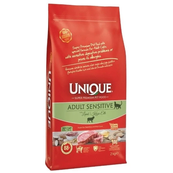 Unique Sensitive Kuzulu Hassas Sindirim Sistemi için Düşük Tahıllı Yetişkin Kedi Maması 2 Kg