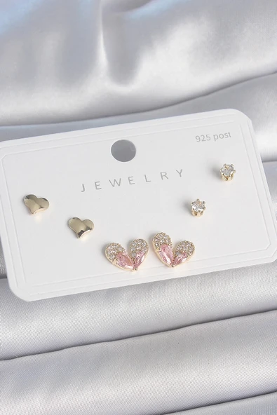 MuI MuI Pirinç Gold Renk Pembe Zirkon Taşlı Kalp Model 925 Ayar Gümüş Çivi Kadın Küpe Seti