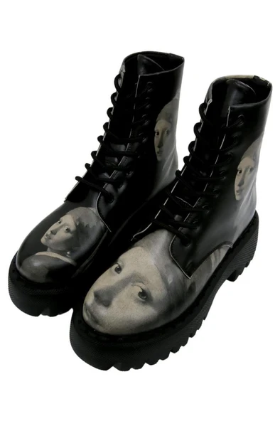 Kadın Vegan Deri Siyah Uzun Bot - Girl With a Pearl Earring Tasarım