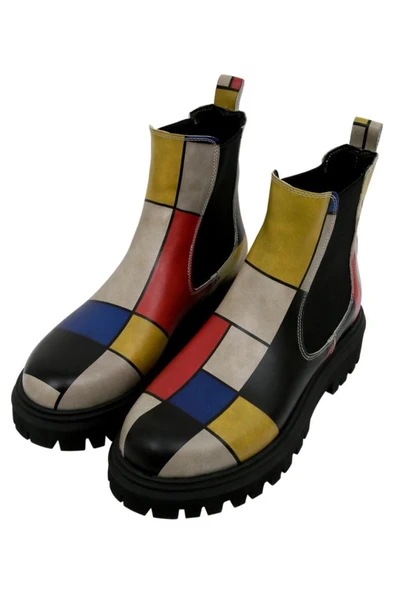 Kadın Vegan Deri Çok Renkli Bilekte Bot - Piet Mondrian - Composition Tasarım