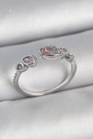 MuI MuI Pirinç Gümüş Renk Pembe Damla Zirkon Taşlı Ayarlanabilir Model Kadın Yüzük