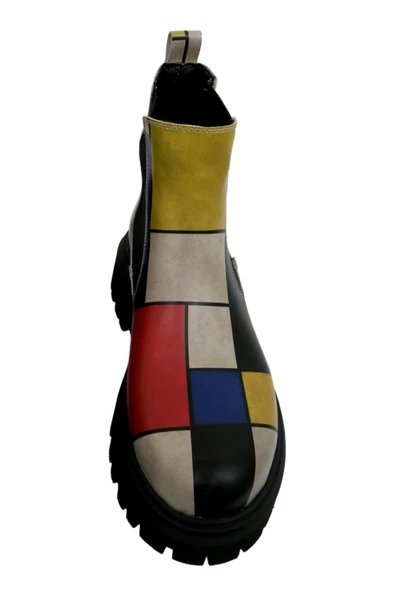 Kadın Vegan Deri Çok Renkli Bilekte Bot - Piet Mondrian - Composition Tasarım - 5