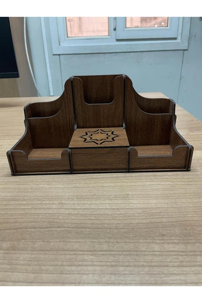 Kişiye Özel İsimli Kahverengi Ahşap Kalemlik Küp Bloknot Masaüstü Kalemlik Seti - 4