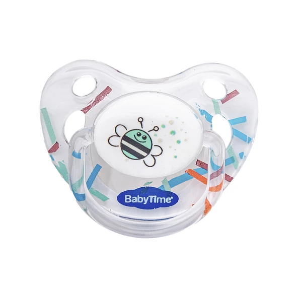 Babytıme 134 Silikon Damaklı Koruyucu Kapaklı Şeffaf Gövdeli Desenli Emzik No:1