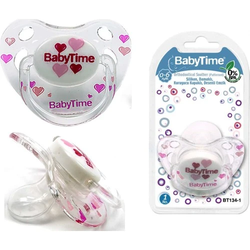 Babytıme 136 Silikon Damaklı Koruyucu Kapaklı Şeffaf Gövdeli Desenli Emzik No:3
