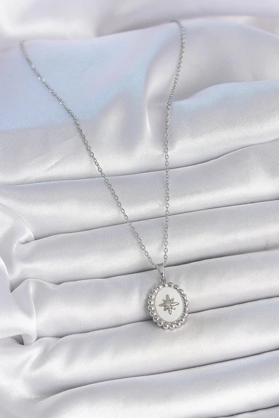 316L Çelik Gümüş Renk Zincir Beyaz Mineli Kutup Yıldız İşlemeli Madalyon Model Kadın Kolye - 2