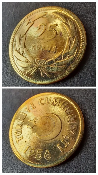 Escoines Koleksiyon 39963680e0e6a081e3 1956 25Kuruş ÇÇT+ eski madeni para %70 Bakır ve %30 Çinko
