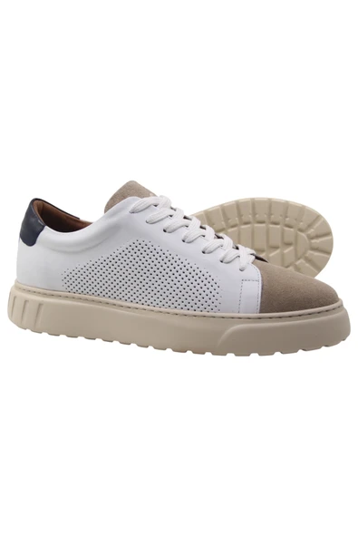 Erkek Beyaz Deri & Bej Süet Sneaker - 3