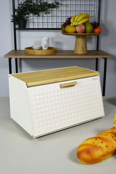 Metal ekmeklik - ekmek saklama kutusu bambulu krem