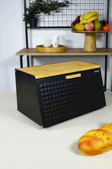 Metal ekmeklik - ekmek saklama kutusu bambulu siyah