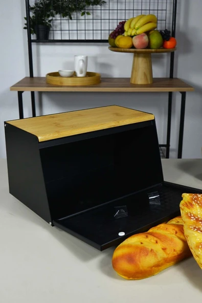 Metal ekmeklik - ekmek saklama kutusu bambulu siyah - 2