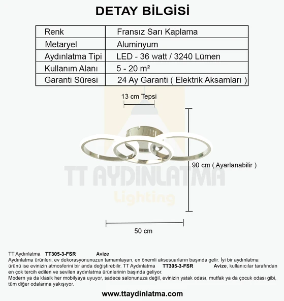 TT Aydınlatma TT305-3-FSR  Fransız Sarı Kaplama 3 lü Led Avize - 4