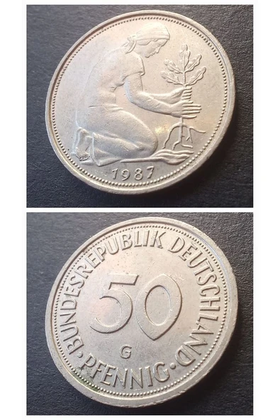 Escoines Koleksiyon 39963680e8b8eebe77 Almanya 50 pfennig (1987-G) Çil-Nadir çıkar Eski madeni para.