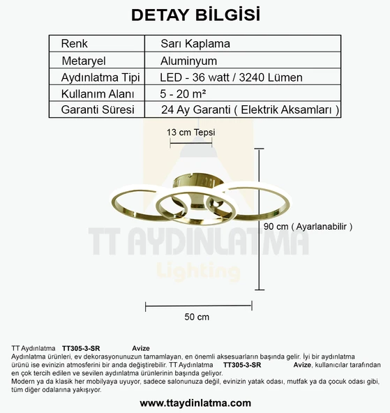 TT Aydınlatma TT305-3-SR   Sarı Kaplama 3 lü Led Avize - 4