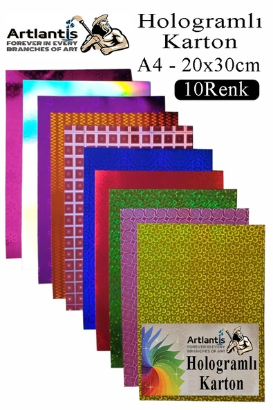 Hologramlı Karton 20x30 cm A4 10 Renk 1 Paket Hulogramlı Fon Kartonu Kağıt Yanar Döner Parlak Hologram Okul Öncesi Kreş