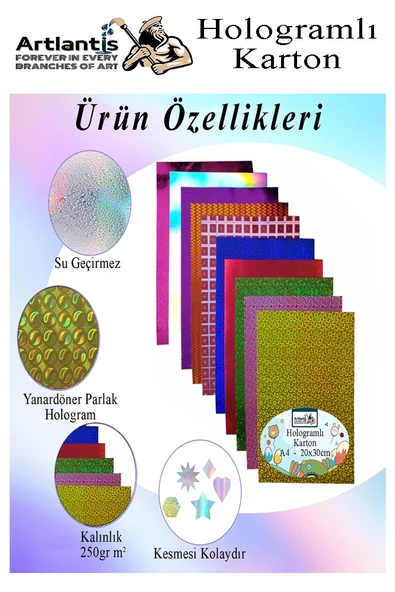 Hologramlı Karton 50x70 cm 10 Renk 1 Paket Hulogramlı Fon Kartonu Kağıt Yanar Döner Parlak Hologram Okul Öncesi Kreş - 3