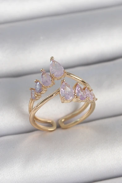 Pirinç Gold Renk Mor Damla Zirkon Taşlı Taç Model Kadın Yüzük - TJ-BYK3715