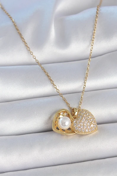 316L Çelik Gold Renk Zincir Zirkon Taşlı Açılır İncili Kalp Model Kadın Kolye - TJ-BKO10031