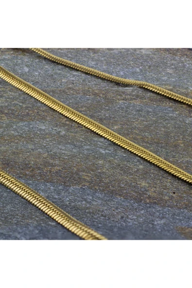 Altın Renk Italyan Yassı Balık Sırtı Zincir Çelik Kolye Ince 60 Cm