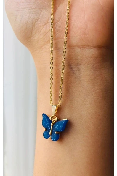 Şık Mavi Taşlı Paslanmaz Gold Zincirli Çelik Kolye - 3