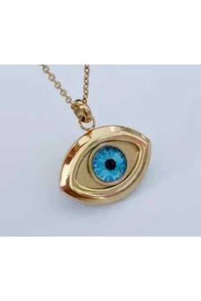Şık Nazar Boncuğu Gözlü Paslanmaz Gold Zincirli Çelik Kolye - 2