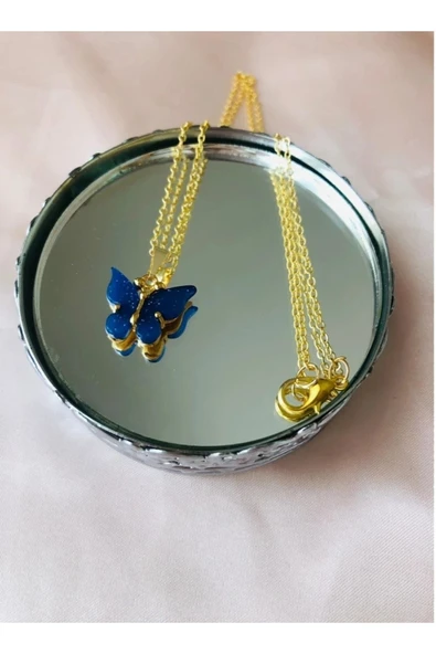 Şık Mavi Taşlı Paslanmaz Gold Zincirli Çelik Kolye - 2