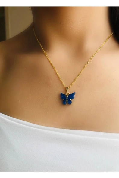 Şık Mavi Taşlı Paslanmaz Gold Zincirli Çelik Kolye
