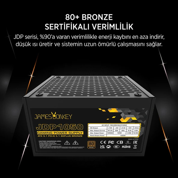 James Donkey JDP1050 APFC 12CM 1050W Bronze 80+ ATX 3.1 PCI-E 5.1 Power Supply - 3 Yil Garantili - 3
